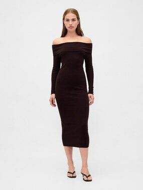 Gap M Medium CashSoft Stretch Off-Shoulder Midi Sweater Dress Terra Brown NWT!